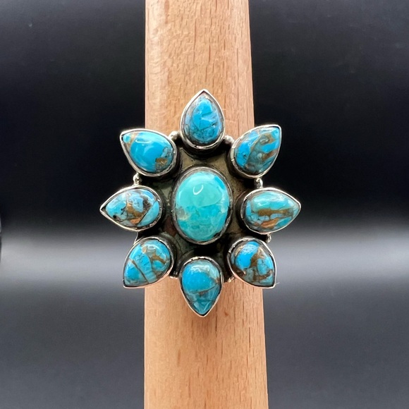 925 Sterling Silver Jewelry - Sterling Silver Mojave Turquoise Flower Cluster Ring